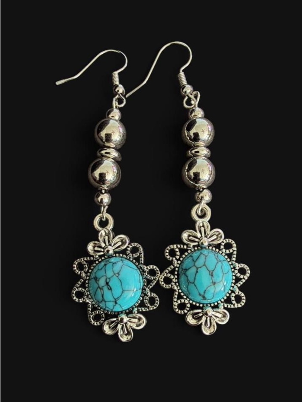 🌵 Handmade Silver & Turquoise Floral Drop Earrings 🌵